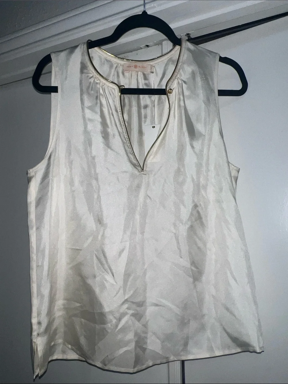 Tory Burch Ivory Satin Sleeveless Shell with Gold Trim
